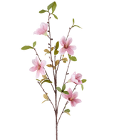 Une fine branche de Magnolia en Fleur Artificielle de 94 cm de vieux rose, avec plusieurs fleurs de magnolia roses et des feuilles vertes sur un fond blanc.