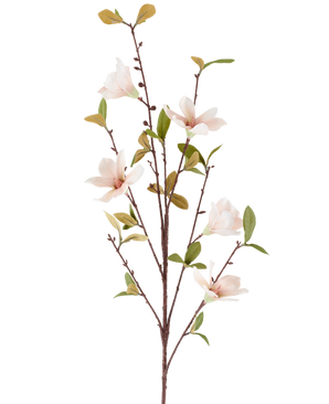 Une fleur artificielle Magnolia de 94 cm, de couleur crème/marron, avec plusieurs fleurs rose clair et feuilles vertes sur de fines tiges brunes, représentées sur un fond blanc uni.