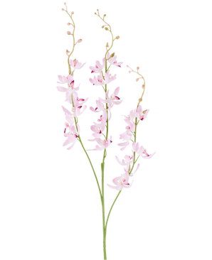 Deux tiges vertes avec des grappes ramifiées de délicates fleurs d'orchidées cymbidium violet clair et de petits bourgeons sur de fines branches arquées, photographiées sur un fond blanc uni. Le produit représenté est la fleur artificielle Cymbidium 95 cm violette.