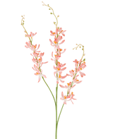 Trois longues tiges vertes de la Fleur Artificielle Cymbidium 95 cm pêche, avec des bouquets de délicates fleurs d'orchidées couleur pêche et de petits bourgeons jaunes, sur un fond blanc uni.