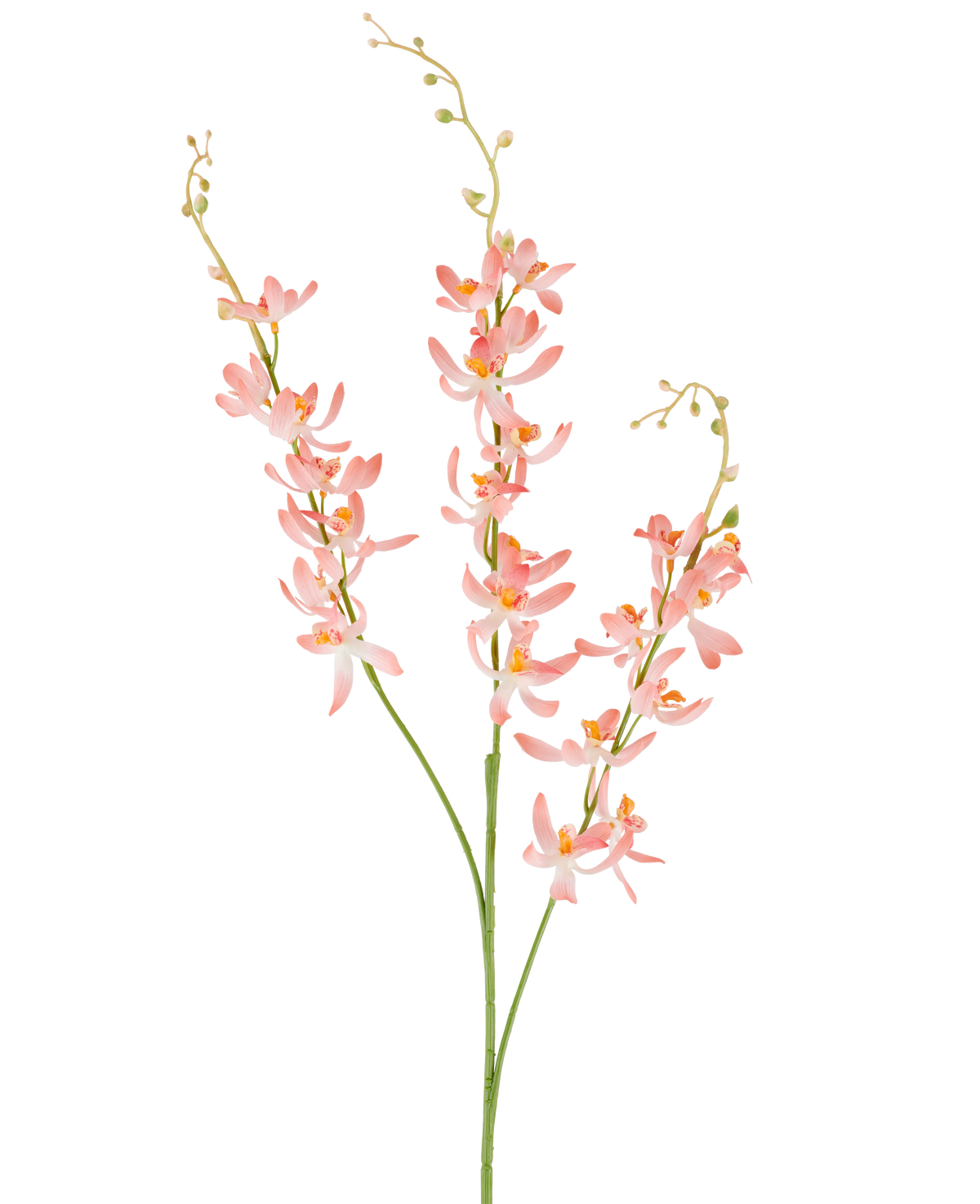Trois longues tiges vertes de la Fleur Artificielle Cymbidium 95 cm pêche, avec des bouquets de délicates fleurs d'orchidées couleur pêche et de petits bourgeons jaunes, sur un fond blanc uni.