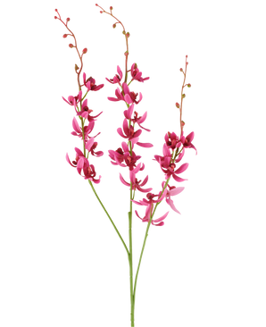 Trois tiges de fleur artificielle Cymbidium de 95 cm en rouge bordeaux, avec des fleurs vibrantes et de petits boutons, présentées sur un fond blanc.
