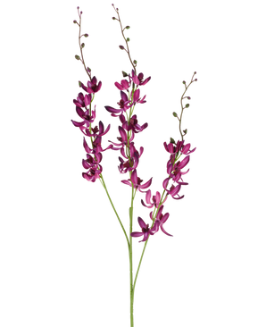 Trois longues tiges de fleur artificielle de Cymbidium de 95 cm de couleur violet vif, avec de petits bourgeons verts, sur un fond blanc uni.