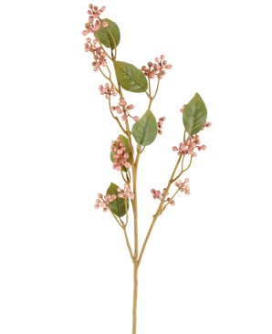 Une seule tige de fleur artificielle de Dewberry, de 78 cm de haut en vieux rose, avec des feuilles vertes et des grappes de petites baies rondes et roses sur de fines tiges brunes, représentées sur un fond blanc uni.