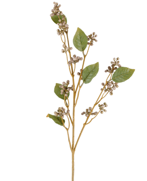 Une seule tige de la fleur artificielle Dewberry, de 78 cm de haut, avec plusieurs feuilles vertes et des grappes de petites baies rondes beiges sur de fines tiges brunes dans des tons gris et violets, sur fond blanc.