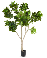 La Plante Artificielle Ficus Carica Figuier 250 cm est un figuier artificiel en pot avec de multiples branches marron clair et des bouquets de grandes feuilles vertes lobées, présentées sur un fond uni blanc.