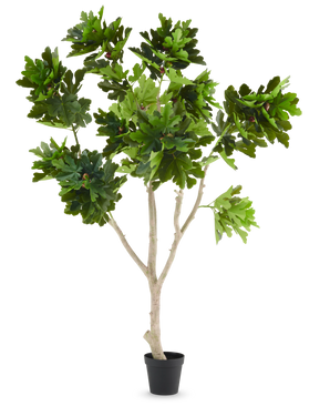 La Plante Artificielle Ficus Carica Figuier 250 cm est un figuier artificiel en pot avec de multiples branches marron clair et des bouquets de grandes feuilles vertes lobées, présentées sur un fond uni blanc.