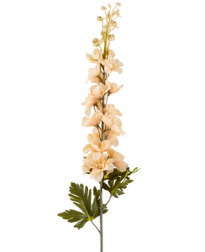 Une seule tige de fleur de Delphinium artificielle de 79 cm crème/marron, avec plusieurs fleurs de couleur crème et brunes et des feuilles vertes, représentées sur un fond blanc.