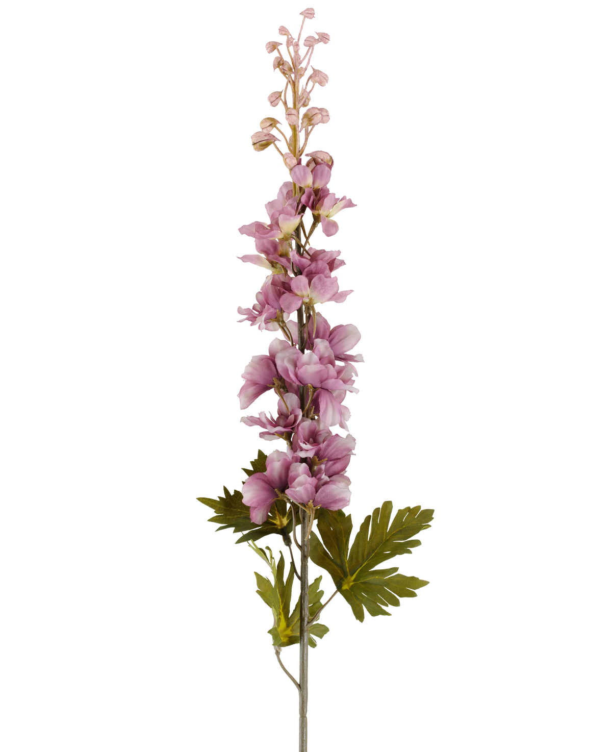 Une seule tige de fleur artificielle Delphinium de 79 cm mauve avec de multiples fleurs roses et violettes aux tons mauves qui fleurissent vers le haut, accentuées par des feuilles vertes, représentées sur un fond blanc.