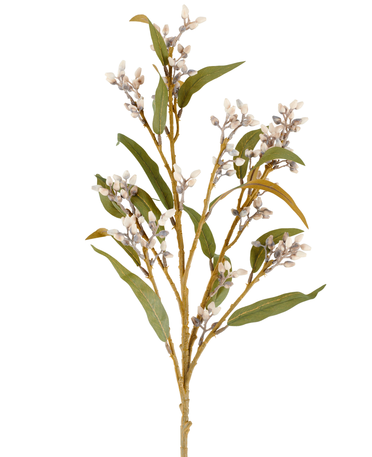 Une seule tige d'eucalyptus artificielle de 78 cm de couleur crème/marron, avec plusieurs branches de feuilles vertes et des grappes de petites fleurs rondes, représentée sur un fond blanc uni.