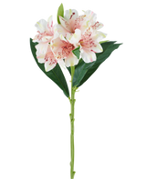Une seule tige de fleur artificielle d'Alstroemeria de 74 cm rose clair avec des feuilles vertes et trois fleurs rose clair avec des taches rose foncé, sur fond blanc.