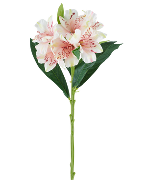Une seule tige de fleur artificielle d'Alstroemeria de 74 cm rose clair avec des feuilles vertes et trois fleurs rose clair avec des taches rose foncé, sur fond blanc.