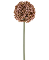 Une seule fleur artificielle Allium de 75 cm de couleur mauve, avec une longue tige verte et une grande grappe ronde de petits bourgeons mauves, représentée sur un fond blanc.