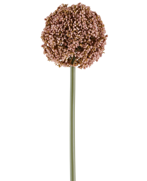 Une seule fleur artificielle Allium de 75 cm de couleur mauve, avec une longue tige verte et une grande grappe ronde de petits bourgeons mauves, représentée sur un fond blanc.