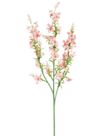 Une seule tige verte avec plusieurs branches porte des grappes de petites fleurs artificielles rose pâle délicates de menthe à chat de 75 cm et des feuilles vertes, représentées sur un fond blanc uni.