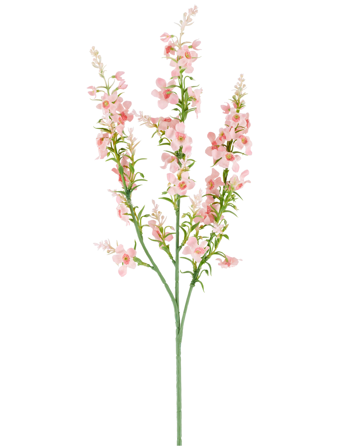 Une seule tige verte avec plusieurs branches porte des grappes de petites fleurs artificielles rose pâle délicates de menthe à chat de 75 cm et des feuilles vertes, représentées sur un fond blanc uni.