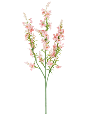 Une seule tige verte avec plusieurs branches porte des grappes de petites fleurs artificielles rose pâle délicates de menthe à chat de 75 cm et des feuilles vertes, représentées sur un fond blanc uni.