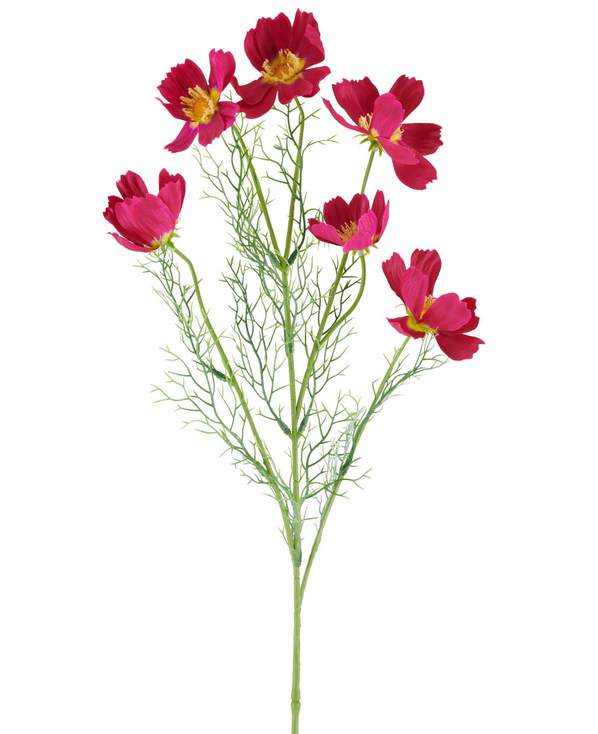 La fleur artificielle Cosmo 78 cm fuchsia se compose de fleurs cosmos de couleur fuchsia vibrante avec un centre jaune et de délicates feuilles vertes plumeuses, sur un fond blanc.