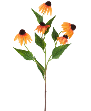 Une seule fleur artificielle d'échinacée de 75 cm, orange, avec cinq échinacées orange vif, chacune avec un centre brun foncé et entourées de feuilles vertes, sur un fond blanc uni.