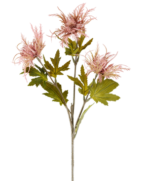 Une seule tige de fleur artificielle Armeria maritima, 67 cm vieux rose, avec plusieurs feuilles vertes et trois fleurs pointues vieux rose, représentée sur un fond blanc uni.