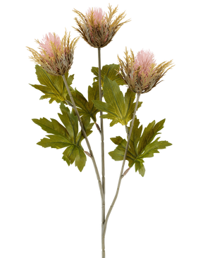 La fleur artificielle Chardon 67 cm vieux rose se compose de trois fleurs de chardon artificielles épineuses roses et dorées avec des feuilles vertes sur des tiges grises, représentées sur un fond blanc.