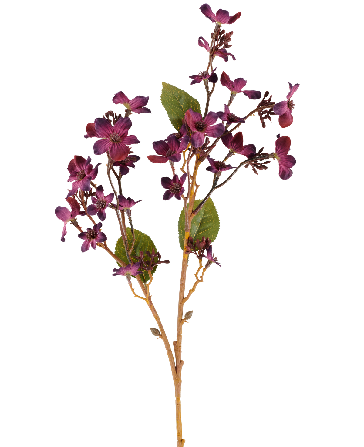 Une fleur artificielle Vernicia Fordii de 63 cm en rouge bordeaux, avec des bouquets de petites fleurs violet foncé et des feuilles vertes sur de fines tiges brun clair, présentées sur un fond blanc.
