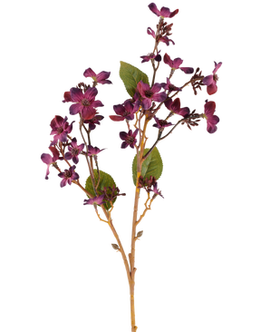 Une fleur artificielle Vernicia Fordii de 63 cm en rouge bordeaux, avec des bouquets de petites fleurs violet foncé et des feuilles vertes sur de fines tiges brun clair, présentées sur un fond blanc.