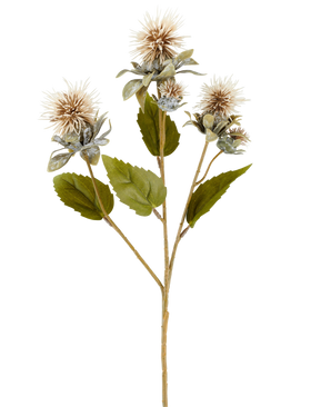 Une seule tige de fleur de carthame artificielle de 57 cm crème/marron, avec trois fleurs pointues, rondes, marron clair et quelques feuilles vertes, représentées sur un fond blanc.