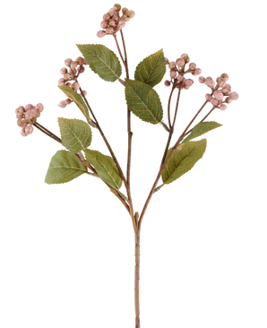 Une seule tige de baie sauvage de fleur artificielle mauve, de 53 cm de haut, avec de multiples branches portant des grappes de petites baies rondes mauves et plusieurs feuilles vertes ovales sur fond blanc.
