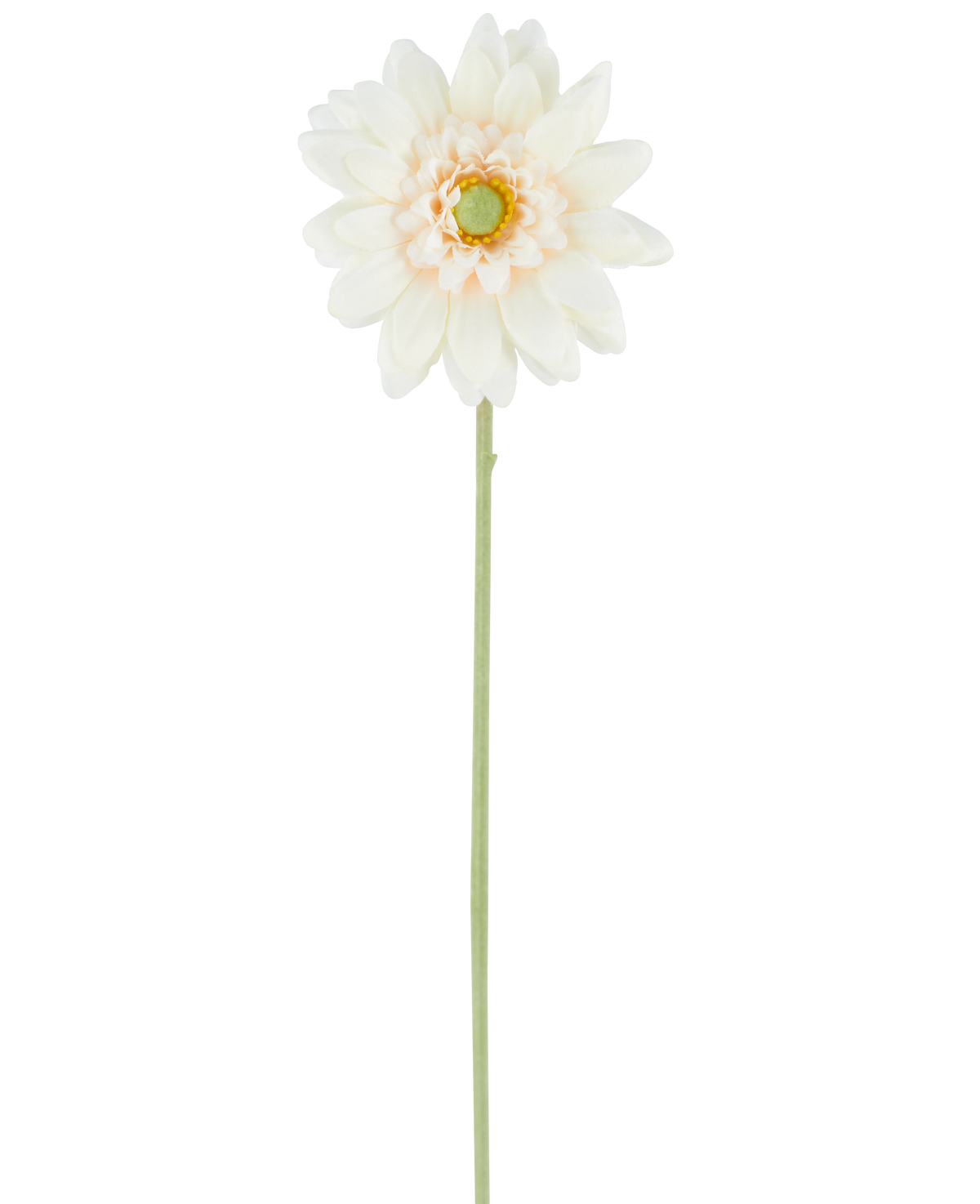 La Fleur Artificielle Mini Gerbera 47 cm crème est une fleur artificielle simple de teinte blanc crème, avec des pétales superposés et un cœur vert, attachée à une longue tige verte droite et présentée sur un fond blanc uni.