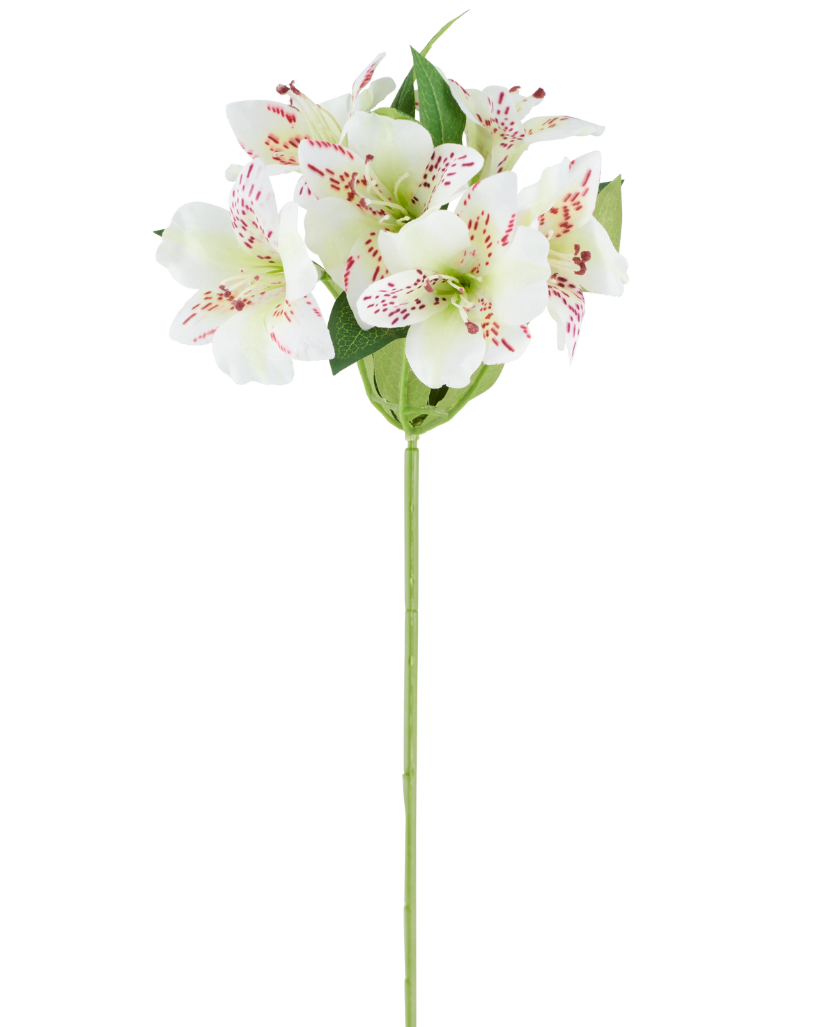 Fleur artificielle Alstroemeria 47 cm de couleur crème avec des pétales de couleur crème et de subtiles taches rouges, complétées par des feuilles vertes sur une seule tige verte, représentée sur un fond blanc.