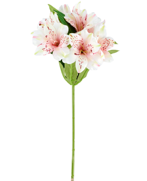 Une fleur artificielle d'Alstroemeria de 47 cm de couleur rose/crème, avec des lys artificiels rose clair et blancs avec des feuilles et une tige vertes, représentés sur un fond blanc.