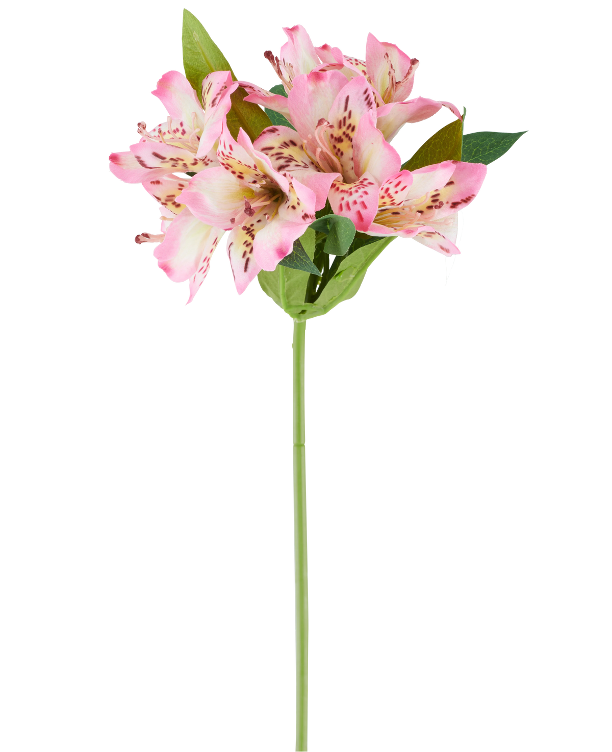 Une seule fleur artificielle d'Alstroemeria de 47 cm, rose/crème, avec diverses fleurs de couleur rose et crème et des feuilles vertes, présentée sur un fond blanc.