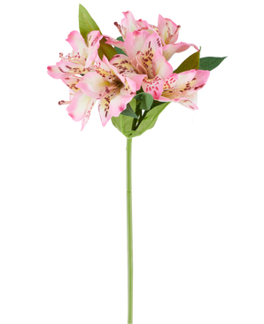 Une seule fleur artificielle d'Alstroemeria de 47 cm, rose/crème, avec diverses fleurs de couleur rose et crème et des feuilles vertes, présentée sur un fond blanc.