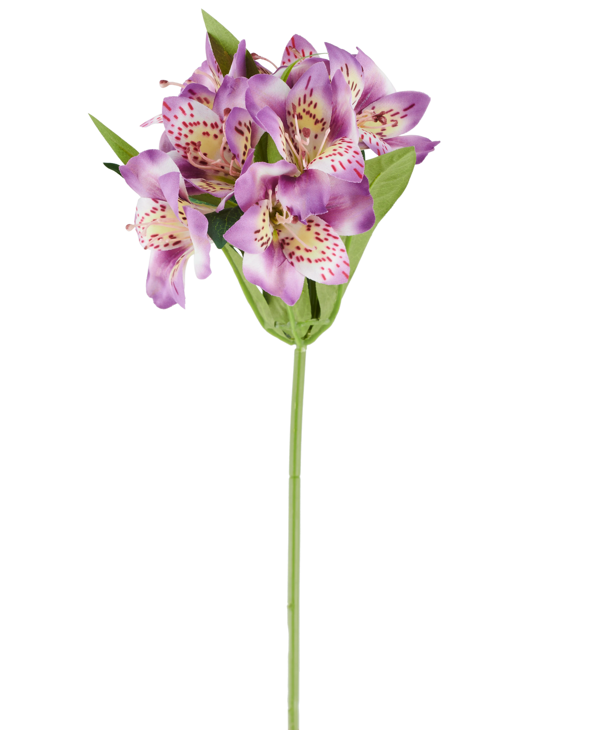 Une seule fleur artificielle d'Alstroemeria de 47 cm, de couleur lilas, avec plusieurs fleurs violettes avec des taches roses, des feuilles vertes et une tige verte, photographiée sur fond blanc.