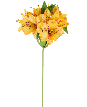 Une fleur artificielle d'Alstroemeria de 47 cm, jaune, avec des pétales tachetés de jaune-orange vif et des feuilles vertes luxuriantes sur une seule tige verte, représentée sur un fond blanc.
