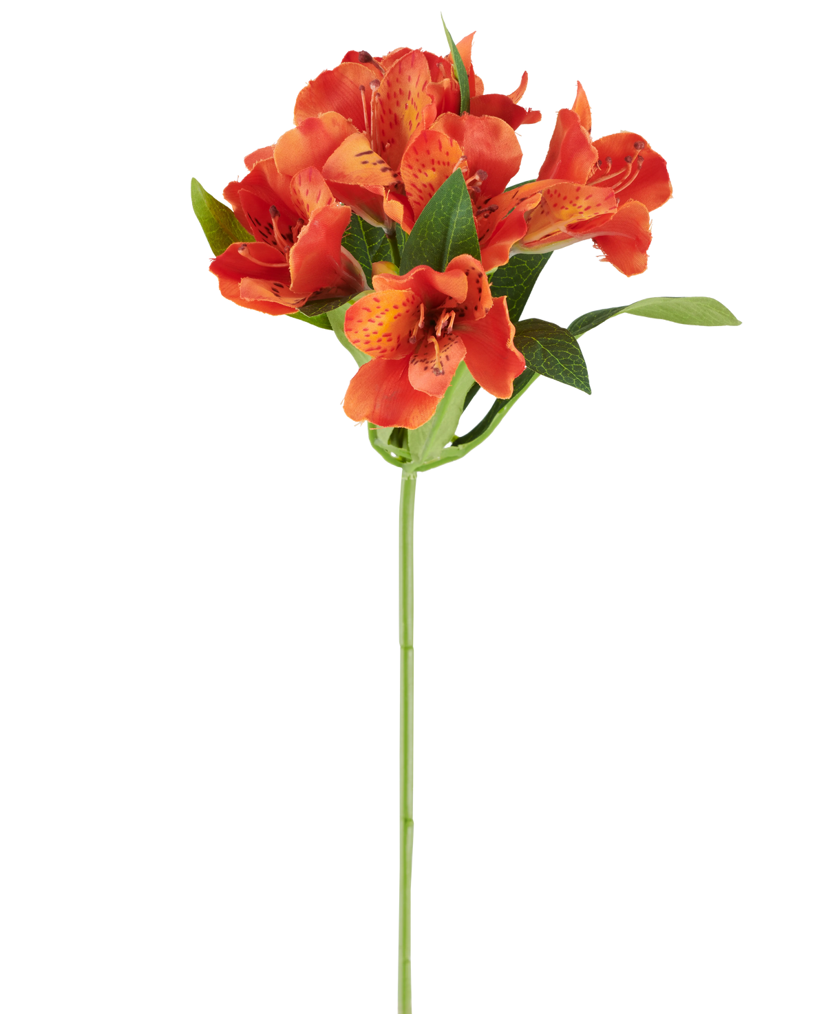 Fleur artificielle Alstroemeria, 47 cm, orange avec plusieurs fleurs tachetées et feuilles vertes sur fond blanc.