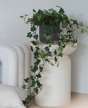 Un lierre artificiel Deluxe Green, un lierre suspendu de 90 cm dans un pot gris, se dresse sur une base sculpturale blanche et moderne à côté d'une couverture blanche pliée et d'un coussin blanc structuré.