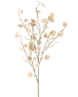 La Fleur Artificielle Eucalyptus 119 cm crème possède des tiges fines avec des feuilles rondes et crème clair sur un fond blanc simple.