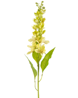 La fleur artificielle pomme asiatique 84 cm verte a une seule tige haute avec plusieurs fleurs jaune clair et des feuilles vertes allongées, représentées sur un fond blanc.