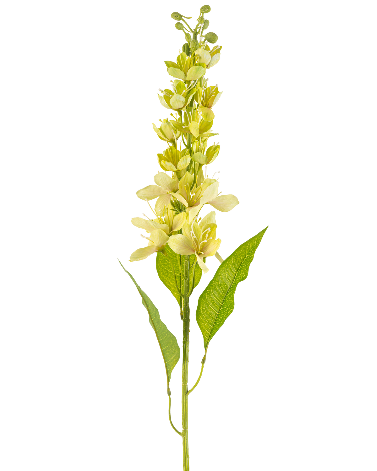 La fleur artificielle pomme asiatique 84 cm verte a une seule tige haute avec plusieurs fleurs jaune clair et des feuilles vertes allongées, représentées sur un fond blanc.