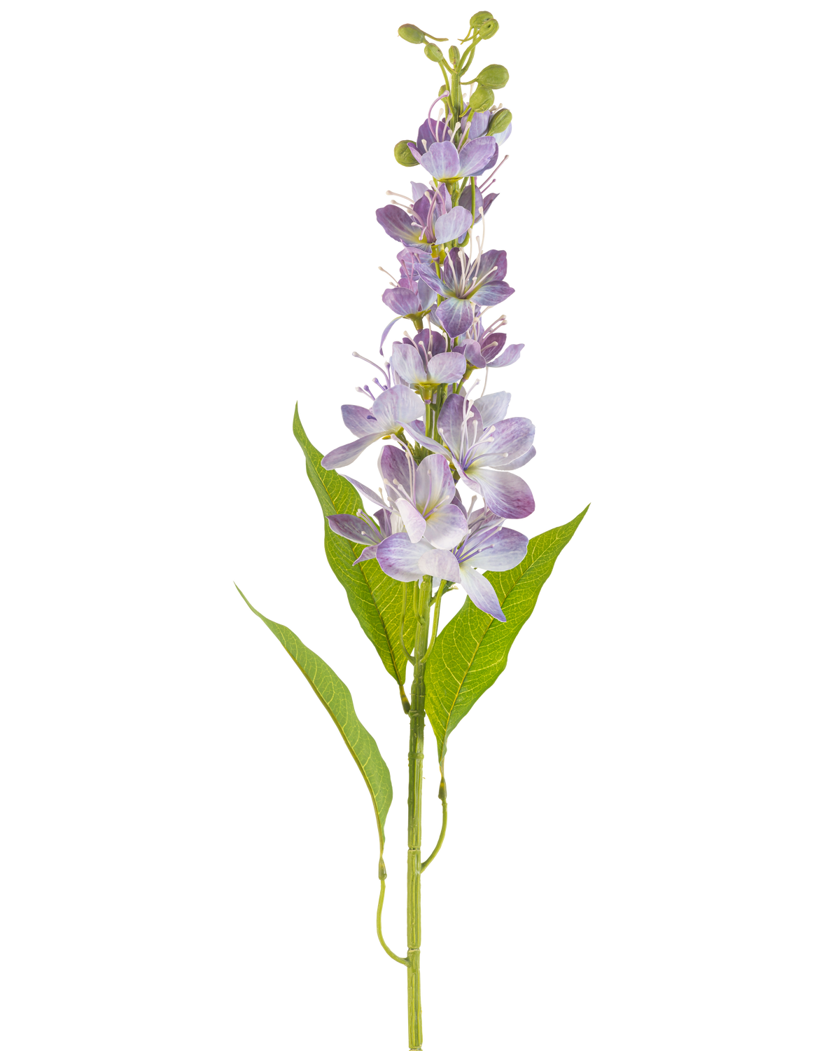 La fleur artificielle pomme asiatique 84 cm lavande a une tige unique avec des feuilles vertes allongées et de multiples petites fleurs violet clair qui se dressent verticalement le long de la tige, isolées sur un fond blanc.