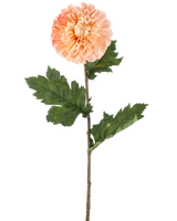 La fleur artificielle Dahlia 75 cm pêche a un dahlia de couleur pêche avec des pétales superposés et trois bouquets de feuilles vertes dentelées sur une longue tige, représentées sur un fond blanc.