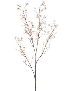 Une fleur artificielle Flowers 130 cm bleu clair a de délicates branches artificielles avec de fines tiges brunes et de petites fleurs bleu clair sur un fond blanc uni.