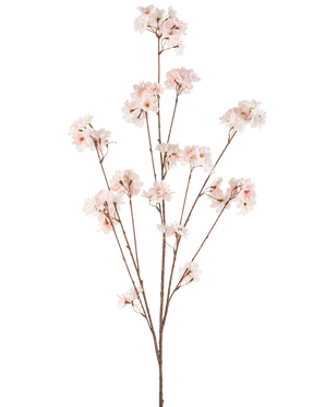 La Fleur Artificielle Fleur de Cerisier 130 cm blush possède de multiples tiges fines avec des bouquets de délicates fleurs de cerisier rose clair sur un fond blanc uni.
