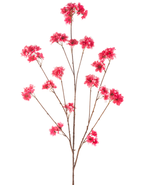 La fleur de cerisier artificielle 130 cm fuchsia a une tige unique avec plusieurs fines branches brunes, chacune décorée de grappes de fleurs de Noël artificielles fuchsia vibrantes, sur un fond blanc uni.