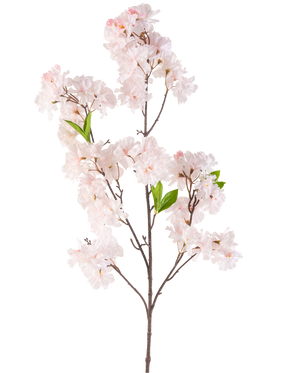 La Fleur Artificielle Fleur de Cerisier 119 cm blush possède une seule branche de fleur de cerisier avec des bouquets de fleurs rose clair et quelques feuilles vertes sur un fond blanc.