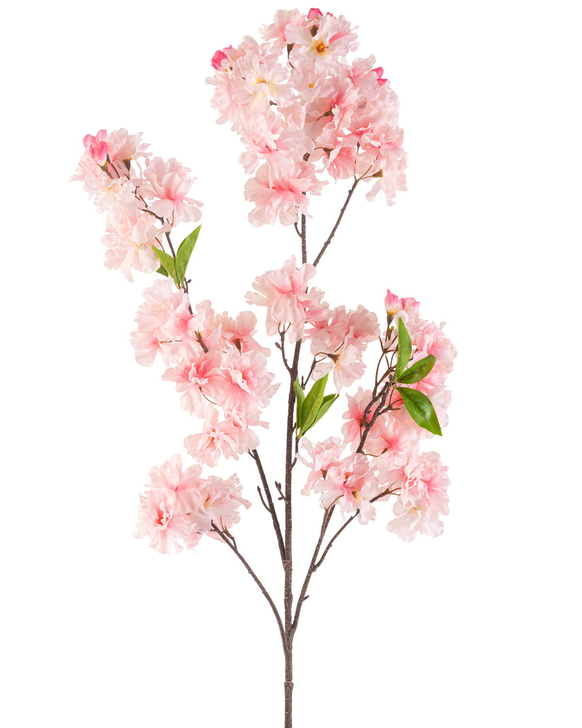 La Fleur de Cerisier Artificielle 119 cm rose présente plusieurs bouquets de fleurs de cerisier rose clair et de feuilles vertes sur une branche, sur un fond blanc.