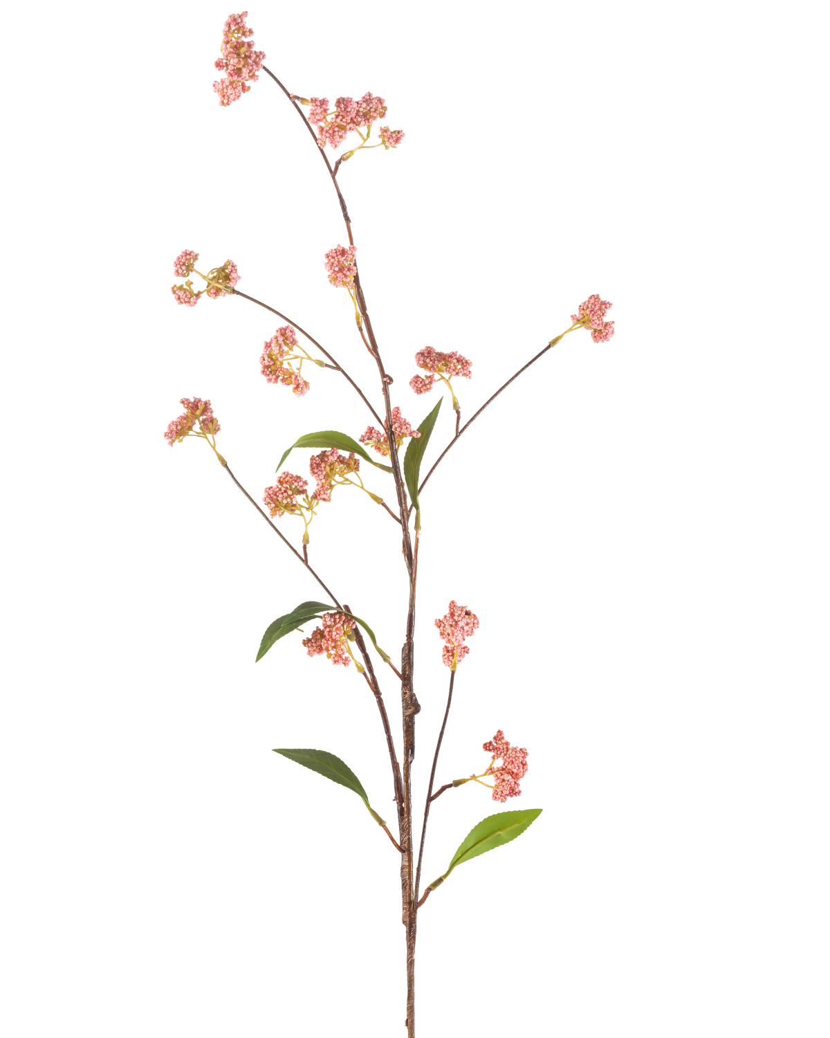 La fleur artificielle Baies 95 cm rose a une tige longue et fine avec un certain nombre de petits bouquets de baies roses et quelques feuilles vertes, représentées sur un fond blanc uni.