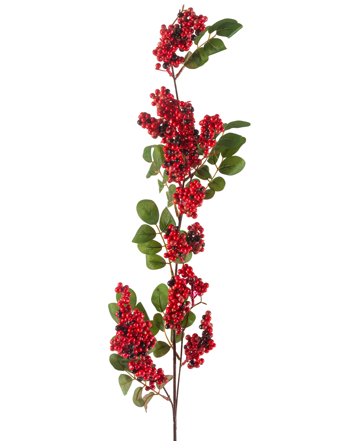 La Fleur Artificielle Baies 104 cm rouge a une seule branche avec des grappes de petites baies rouge vif et des feuilles vertes sur un fond blanc.